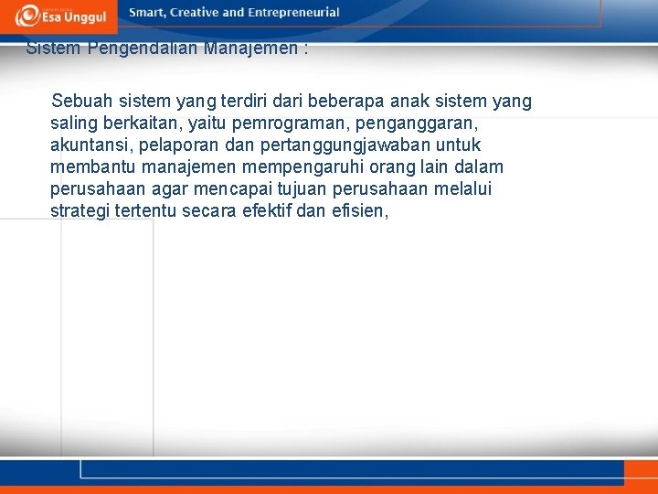 Sistem Pengendalian Manajemen : Sebuah sistem yang terdiri dari beberapa anak sistem yang saling