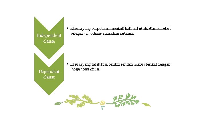 Independent clause Dependent clause • Klausa yang berpotensi menjadi kalimat utuh. Biasa disebut sebagai