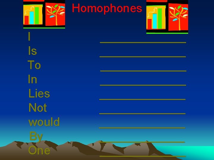 Homophones I Is To In Lies Not would By One _____________ _____________ _______ 