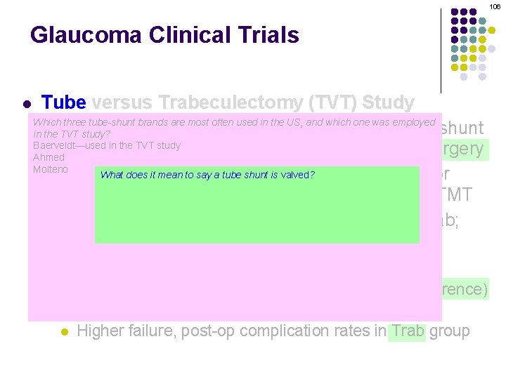 106 Glaucoma Clinical Trials l Tube versus Trabeculectomy (TVT) Study Which three tube-shunt brands
