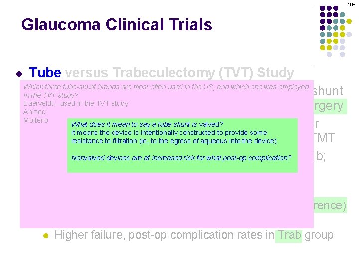 108 Glaucoma Clinical Trials l Tube versus Trabeculectomy (TVT) Study Which three tube-shunt brands