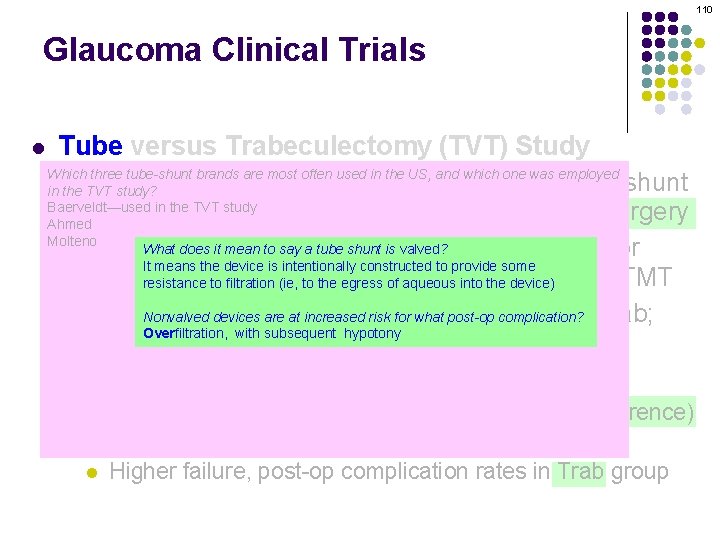110 Glaucoma Clinical Trials l Tube versus Trabeculectomy (TVT) Study Which three tube-shunt brands