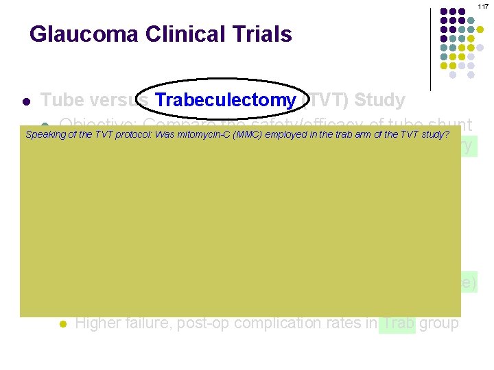 117 Glaucoma Clinical Trials Tube versus Trabeculectomy (TVT) Study l Objective: Compare the safety/efficacy