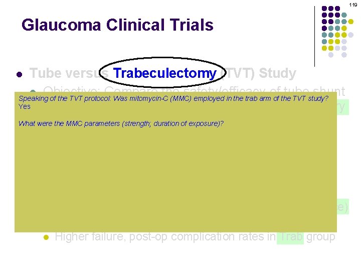 119 Glaucoma Clinical Trials Tube versus Trabeculectomy (TVT) Study l Objective: Compare the safety/efficacy