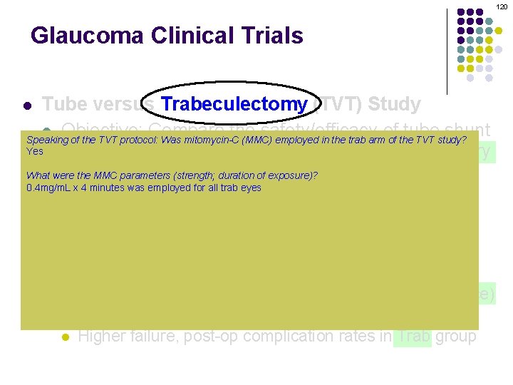 120 Glaucoma Clinical Trials Tube versus Trabeculectomy (TVT) Study l Objective: Compare the safety/efficacy