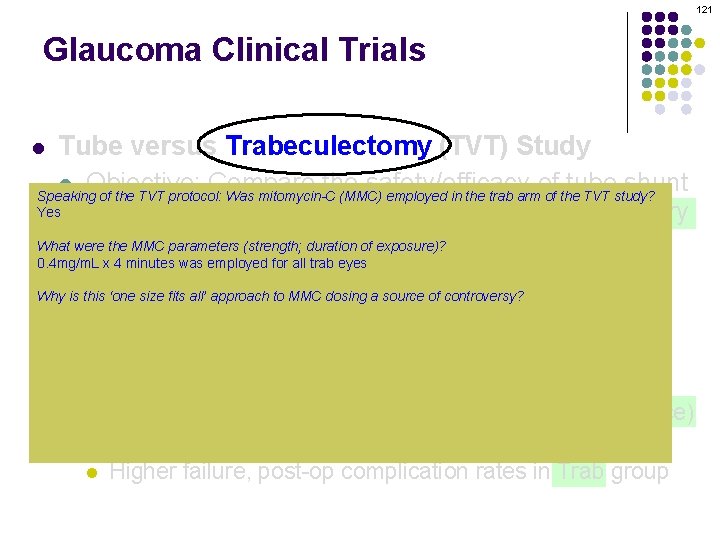 121 Glaucoma Clinical Trials Tube versus Trabeculectomy (TVT) Study l Objective: Compare the safety/efficacy