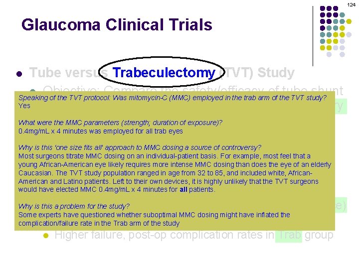 124 Glaucoma Clinical Trials Tube versus Trabeculectomy (TVT) Study l Objective: Compare the safety/efficacy