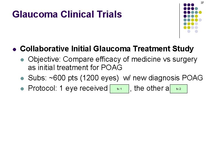 37 Glaucoma Clinical Trials l Collaborative Initial Glaucoma Treatment Study l Objective: Compare efficacy