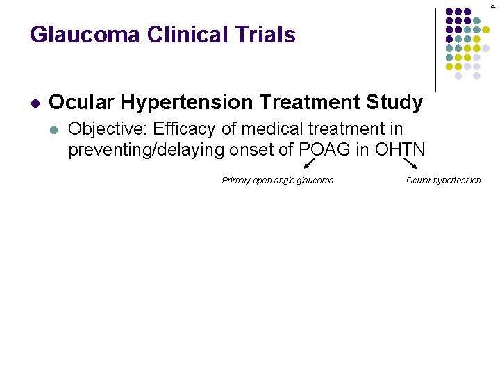 4 Glaucoma Clinical Trials l Ocular Hypertension Treatment Study l l l Objective: Efficacy