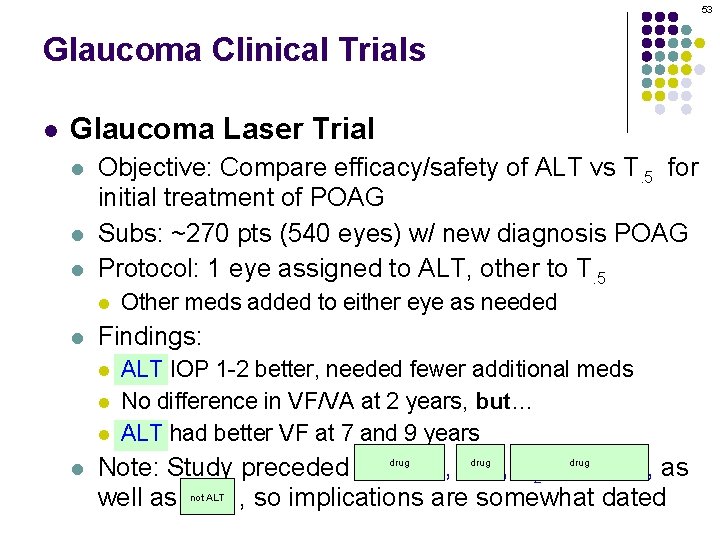 53 Glaucoma Clinical Trials l Glaucoma Laser Trial l Objective: Compare efficacy/safety of ALT