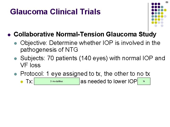 68 Glaucoma Clinical Trials l Collaborative Normal-Tension Glaucoma Study l Objective: Determine whether IOP