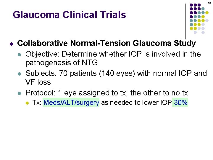 69 Glaucoma Clinical Trials l Collaborative Normal-Tension Glaucoma Study l Objective: Determine whether IOP