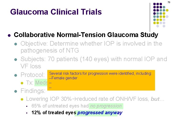 78 Glaucoma Clinical Trials l Collaborative Normal-Tension Glaucoma Study l Objective: Determine whether IOP