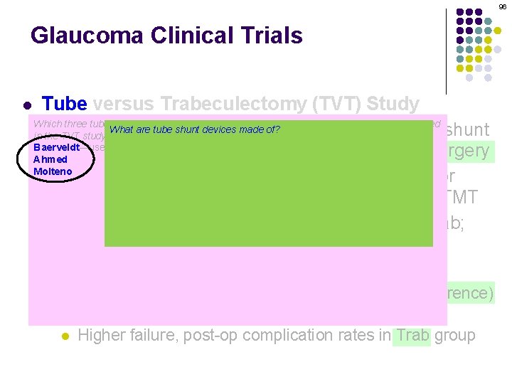96 Glaucoma Clinical Trials l Tube versus Trabeculectomy (TVT) Study Which three tube-shunt brands