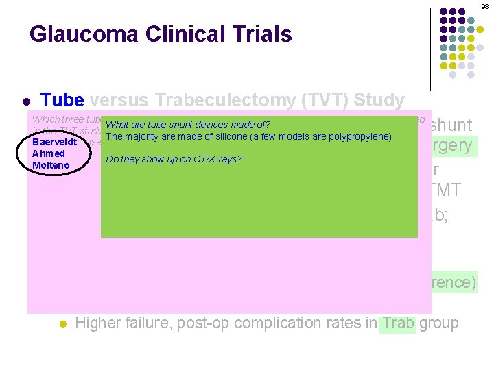 98 Glaucoma Clinical Trials l Tube versus Trabeculectomy (TVT) Study Which three tube-shunt brands