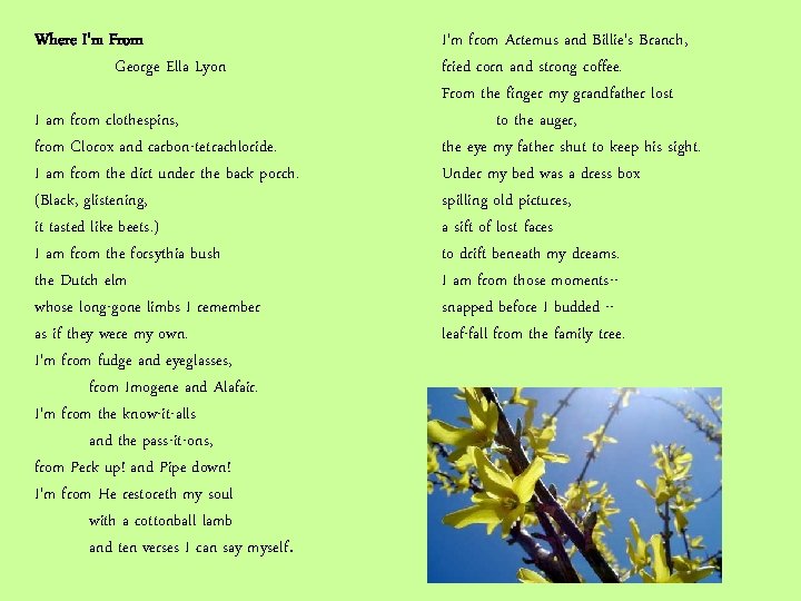Where I'm From George Ella Lyon I am from clothespins, from Clorox and carbon-tetrachloride. Where I'm From George Ella Lyon I am from clothespins, from Clorox and carbon-tetrachloride.