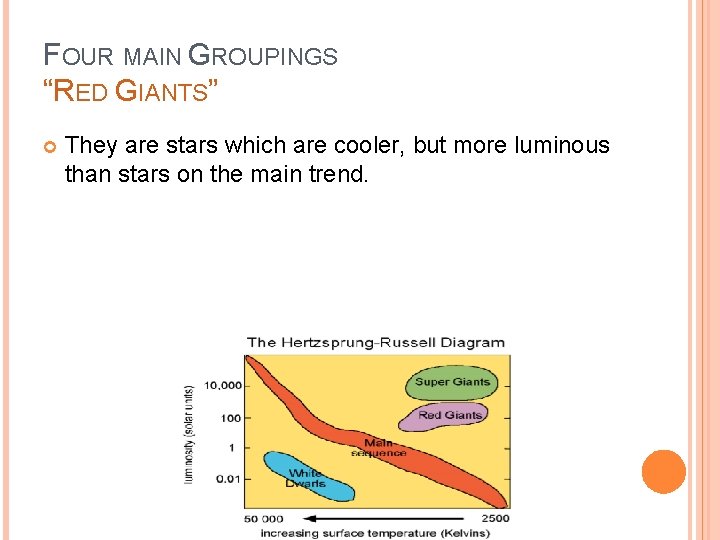 FOUR MAIN GROUPINGS “RED GIANTS” They are stars which are cooler, but more luminous