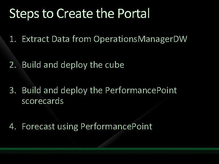 Steps to Create the Portal 1. Extract Data from Operations. Manager. DW 2. Build