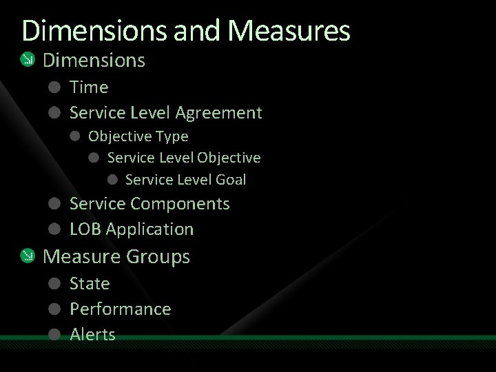 Dimensions and Measures Dimensions Time Service Level Agreement Objective Type Service Level Objective Service