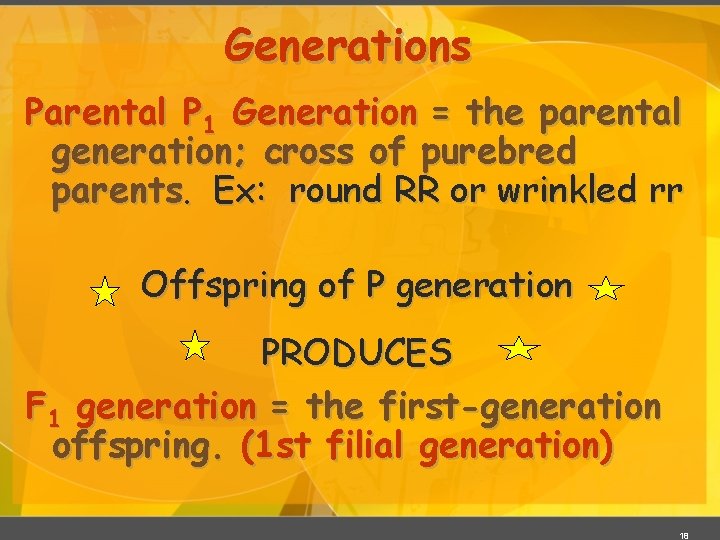 Generations Parental P 1 Generation = the parental generation; cross of purebred parents. Ex: