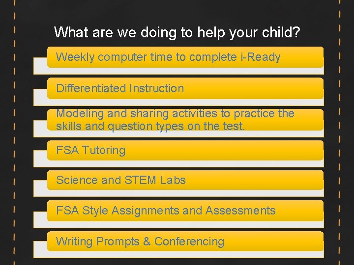 What are we doing to help your child? Weekly computer time to complete i-Ready What are we doing to help your child? Weekly computer time to complete i-Ready