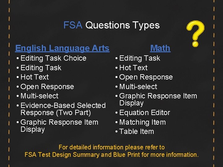 FSA Questions Types English Language Arts • Editing Task Choice • Editing Task • FSA Questions Types English Language Arts • Editing Task Choice • Editing Task •