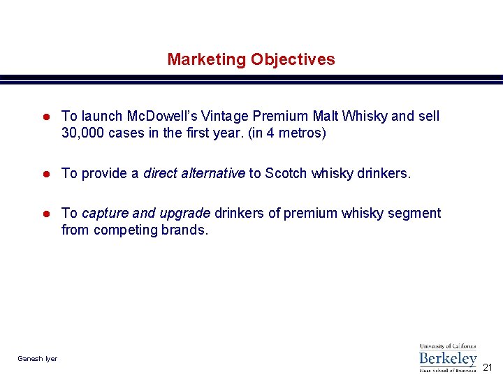 Marketing Objectives l To launch Mc. Dowell’s Vintage Premium Malt Whisky and sell 30,