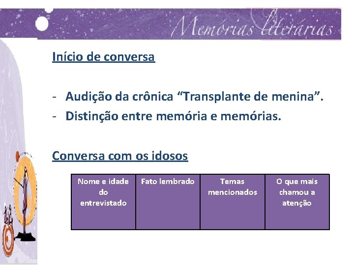 Início de conversa - Audição da crônica “Transplante de menina”. - Distinção entre memórias.
