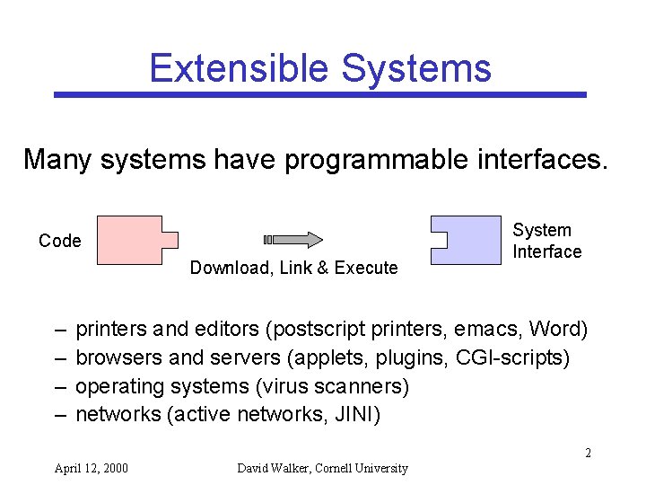 Extensible Systems Many systems have programmable interfaces. Code Download, Link & Execute – –