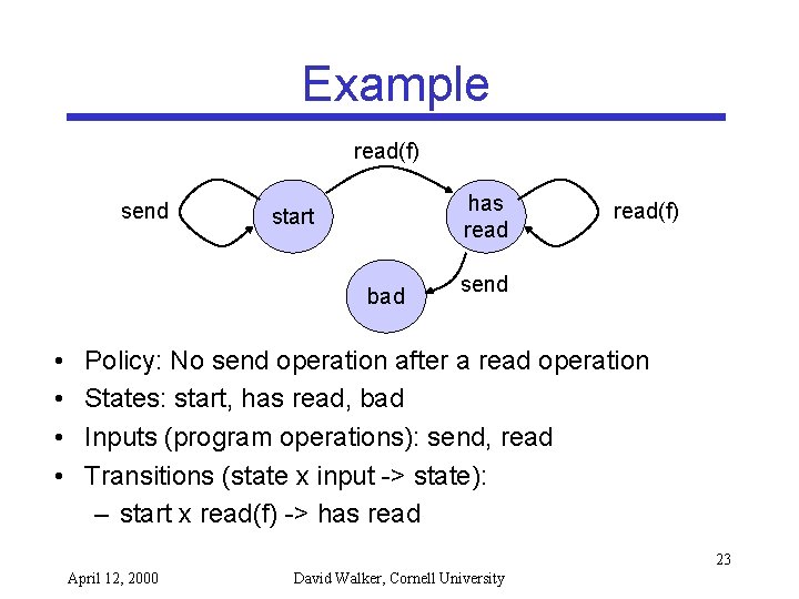 Example read(f) send has read start bad • • read(f) send Policy: No send