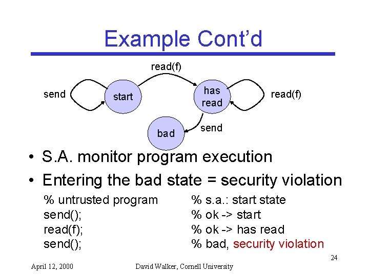 Example Cont’d read(f) send has read start bad read(f) send • S. A. monitor