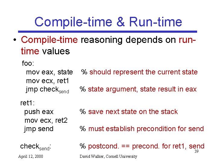 Compile-time & Run-time • Compile-time reasoning depends on runtime values foo: mov eax, state