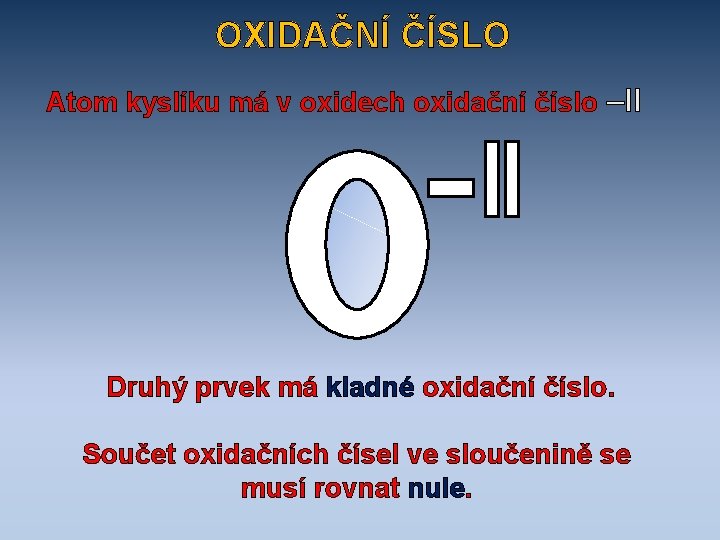 OXIDAČNÍ ČÍSLO Atom kyslíku má v oxidech oxidační číslo –II Druhý prvek má kladné