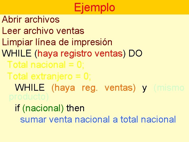 Ejemplo Abrir archivos Leer archivo ventas Limpiar línea de impresión WHILE (haya registro ventas)