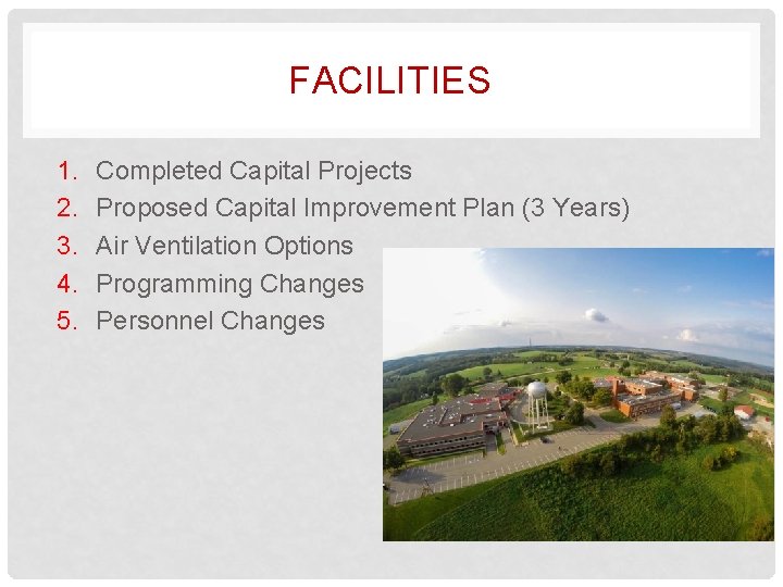 FACILITIES 1. 2. 3. 4. 5. Completed Capital Projects Proposed Capital Improvement Plan (3