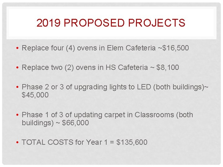 2019 PROPOSED PROJECTS • Replace four (4) ovens in Elem Cafeteria ~$16, 500 •