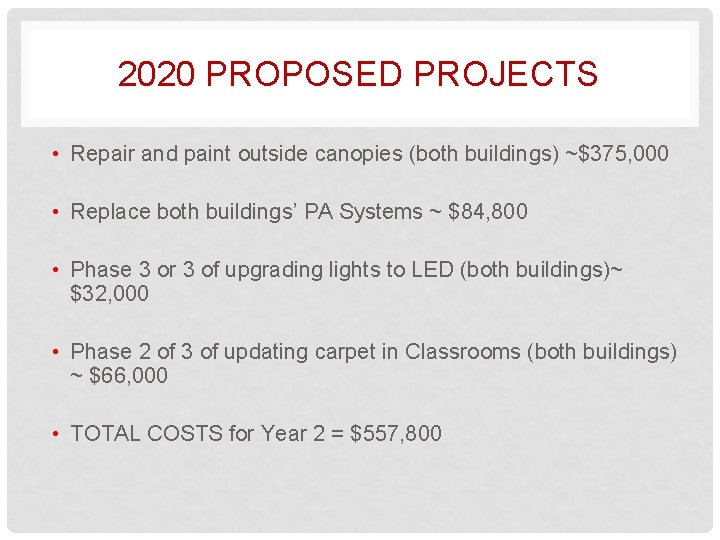 2020 PROPOSED PROJECTS • Repair and paint outside canopies (both buildings) ~$375, 000 •