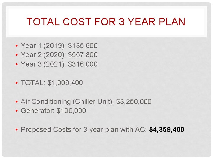 TOTAL COST FOR 3 YEAR PLAN • Year 1 (2019): $135, 600 • Year