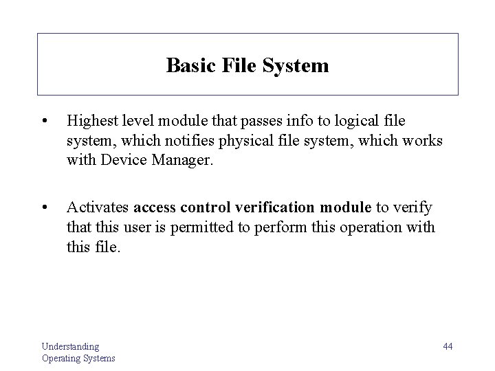 Basic File System • Highest level module that passes info to logical file system,