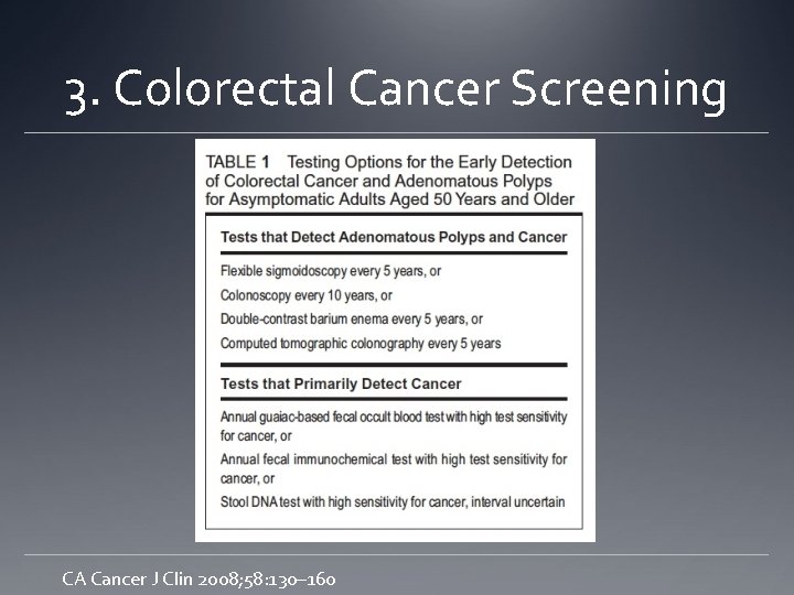 3. Colorectal Cancer Screening CA Cancer J Clin 2008; 58: 130– 160 
