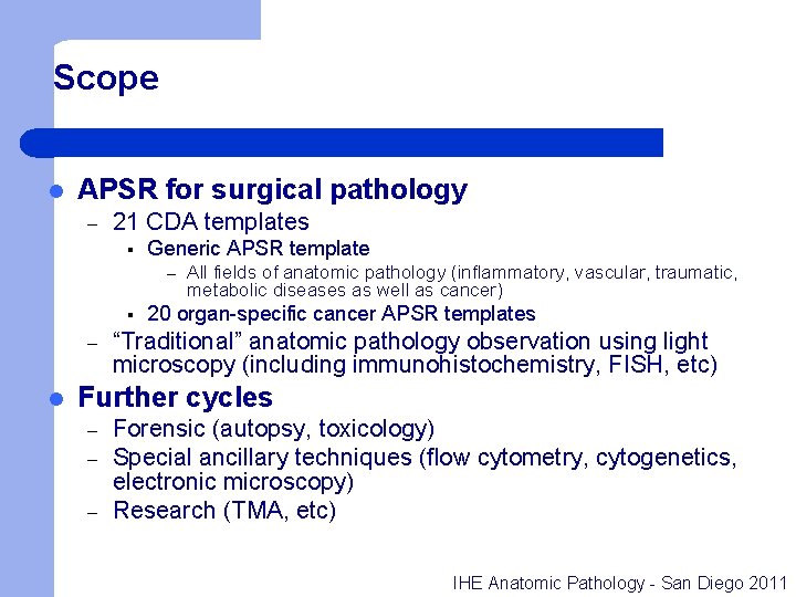 Scope l APSR for surgical pathology – 21 CDA templates § Generic APSR template