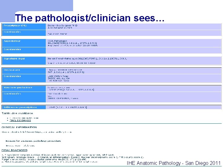 The pathologist/clinician sees… IHE Anatomic Pathology - San Diego 2011 