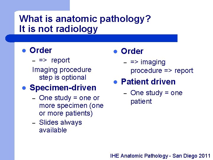What is anatomic pathology? It is not radiology l Order => report Imaging procedure