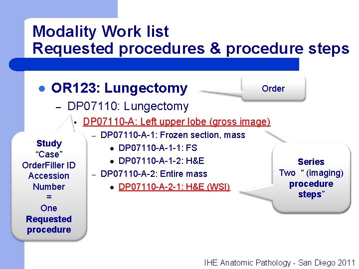 Modality Work list Requested procedures & procedure steps l OR 123: Lungectomy – Order