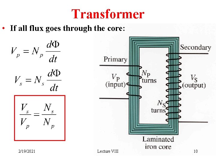 Transformer • If all flux goes through the core: 2/19/2021 Lecture VIII 10 
