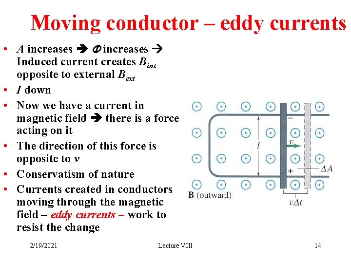 Moving conductor – eddy currents • A increases F increases Induced current creates Bint