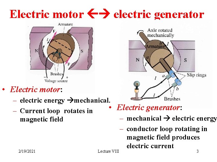 Electric motor electric generator • Electric motor: – electric energy mechanical. • Electric generator: