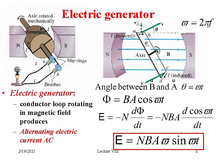 Electric generator • Electric generator: – conductor loop rotating in magnetic field produces –