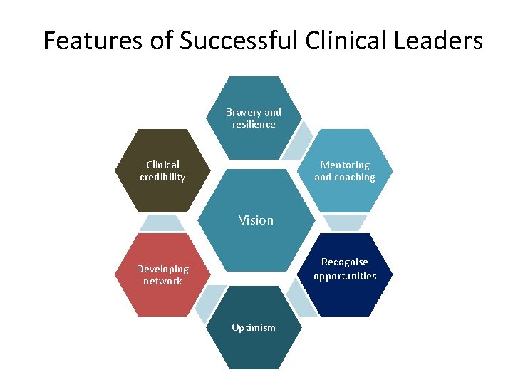 Features of Successful Clinical Leaders Bravery and resilience Clinical credibility Mentoring and coaching Vision