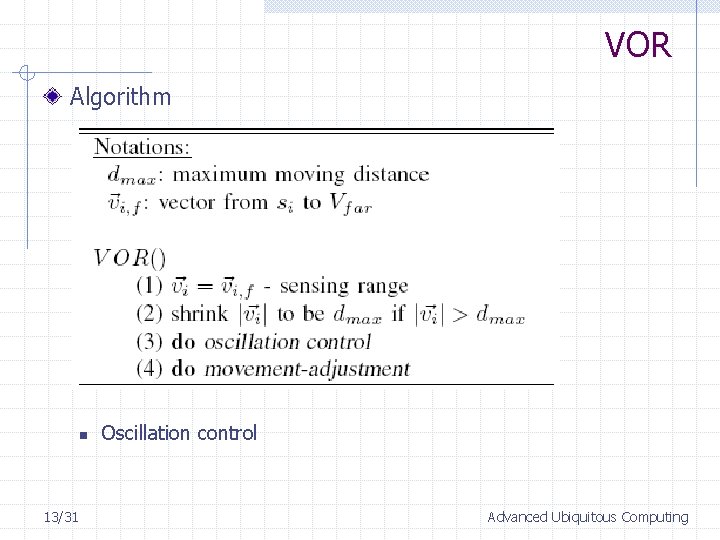VOR Algorithm n 13/31 Oscillation control Advanced Ubiquitous Computing 